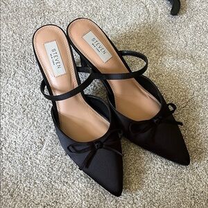 Seven7 Black Satin Mules with Bow Detail